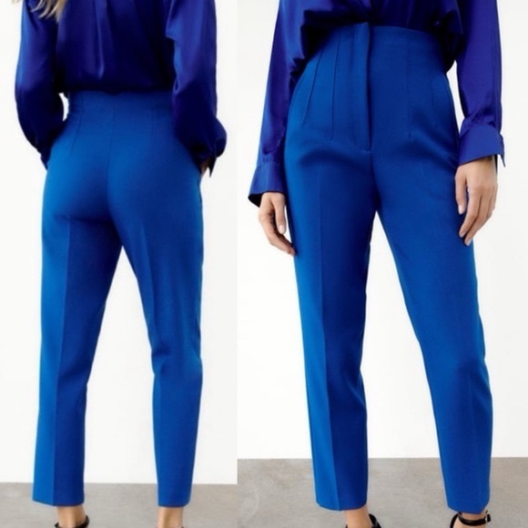 Zara Royal cobalt blue high waisted pronounced seam tailored tapered ankle pants - Picture 1 of 12